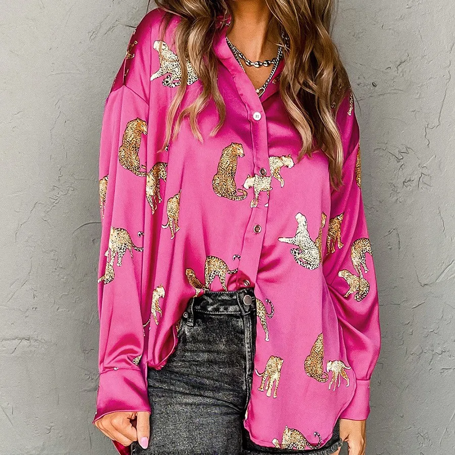 Title 2, Solid Color Satin Long Sleeve Cardigan Animal P...