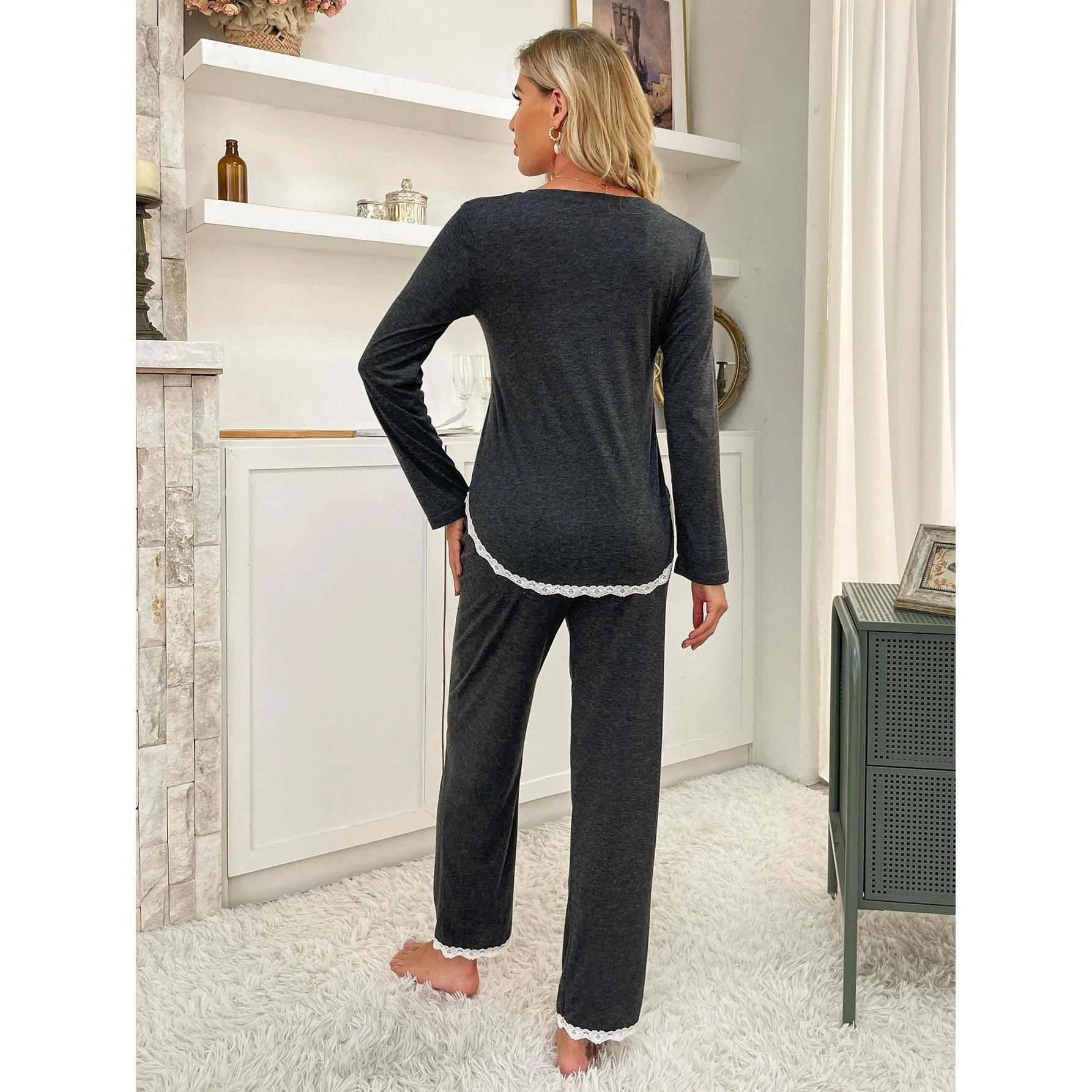 Set pigiama da donna per la casa, maniche lunghe, morbido e confortevole, perfetto per dormire e rilassarsi, ideale per serate tranquille — foto 4