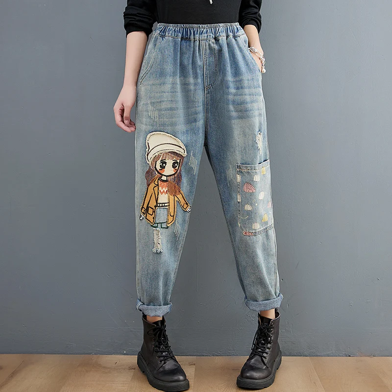Cartoon Stickers Embroidered Jeans for Women. Express your style with these unique and comfortable jeans, adding a fun a — photo 5