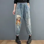 Cartoon Stickers Embroidered Jeans for Women. Express your style with these unique and comfortable jeans, adding a fun a — photo 5