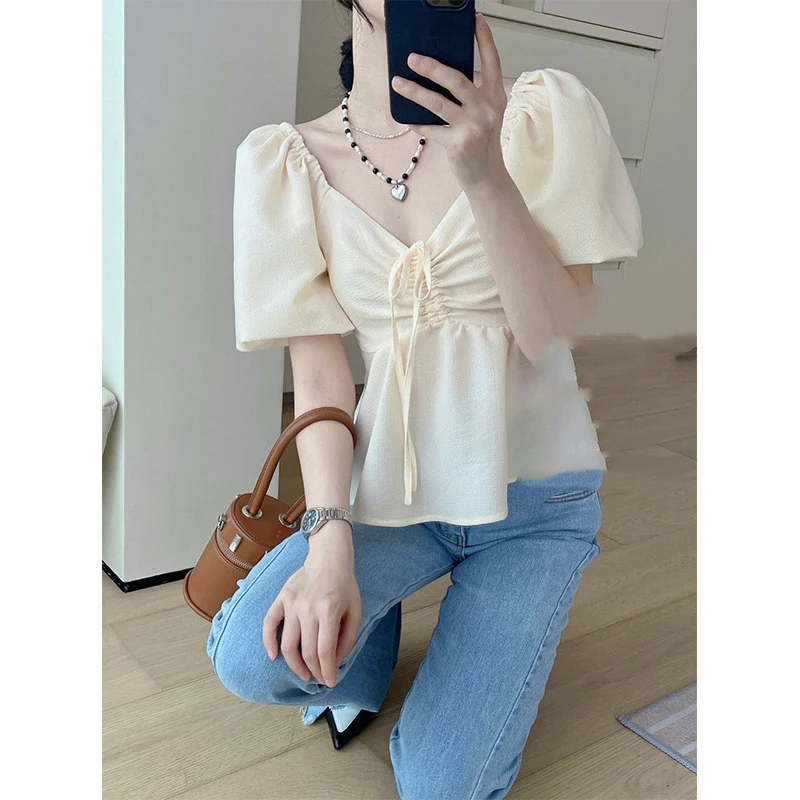 Title 2, Womens New Square Collar Slim Waist Shirt Shor...