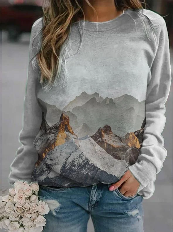Suéter casual com estampa de paisagem de manga comprida e gola redonda — foto 1