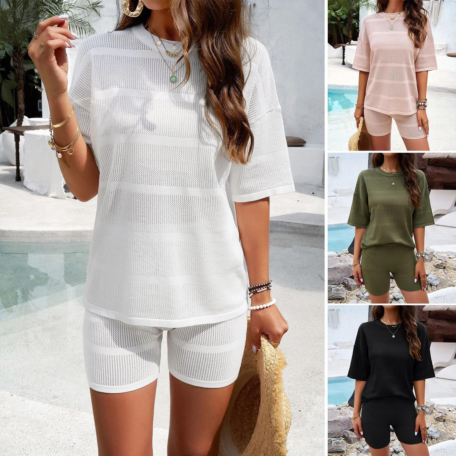 Conjunto de suéter feminino liso com mangas curtas, uma combinação perfeita para um visual elegante e confortável em diversas ocasiões. — foto 5