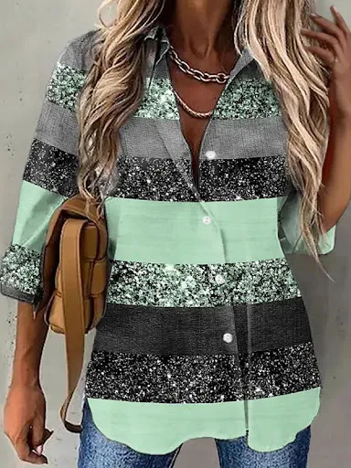 Title 7, Womens Lapel Printed Long Sleeve Button Shirt,...