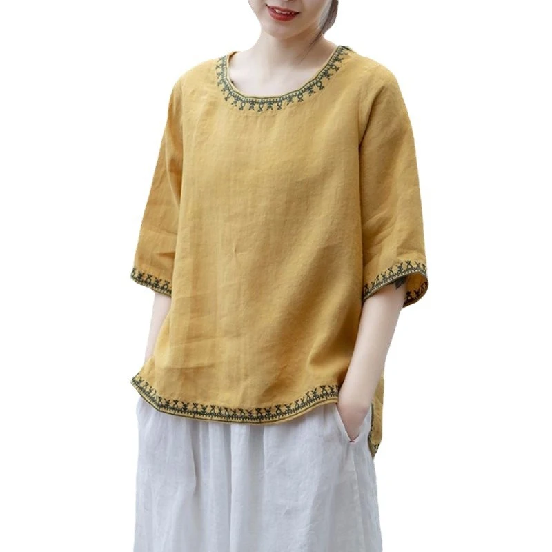 Artistic Retro Cotton And Linen Solid Color Embroidered Crew Neck Half Sleeve — photo 3
