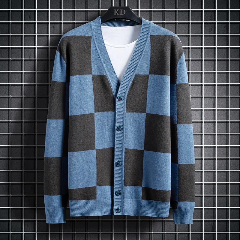 Men's Plaid Knitted Sweater Cardigan Outerwear, Spring and Autumn Coat, comfortable and stylish, perfect for layering. — photo 4