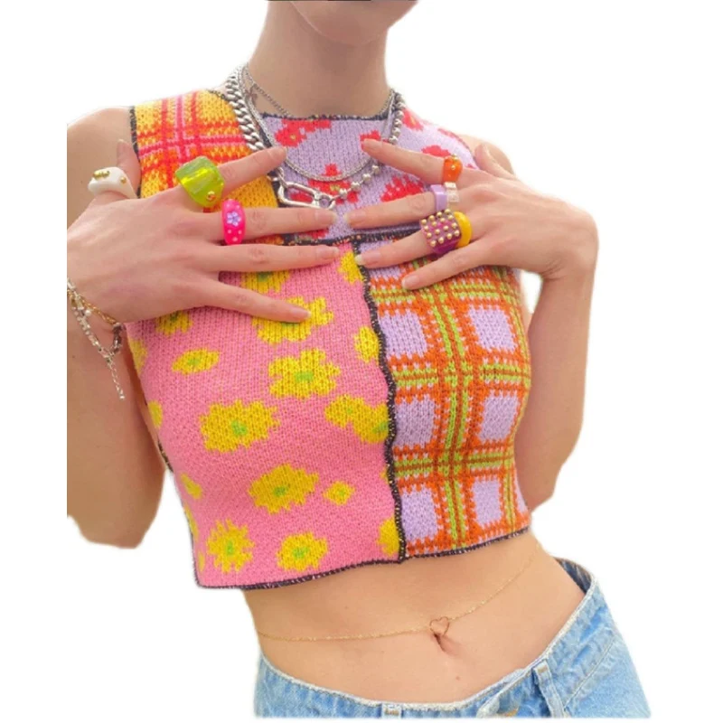 Asymmetric Stitching Jersey Vest Female Design Printed Plaid Cropped Top Is Thin — photo 2
