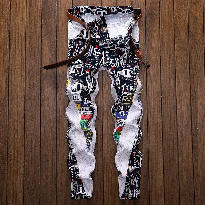 Title 2, Mens Letters Printed Patchwork White Jeans Sty...