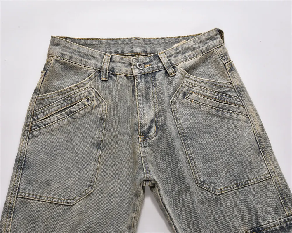 Title 3, Calças jeans masculinas retas desgastadas. Deni...