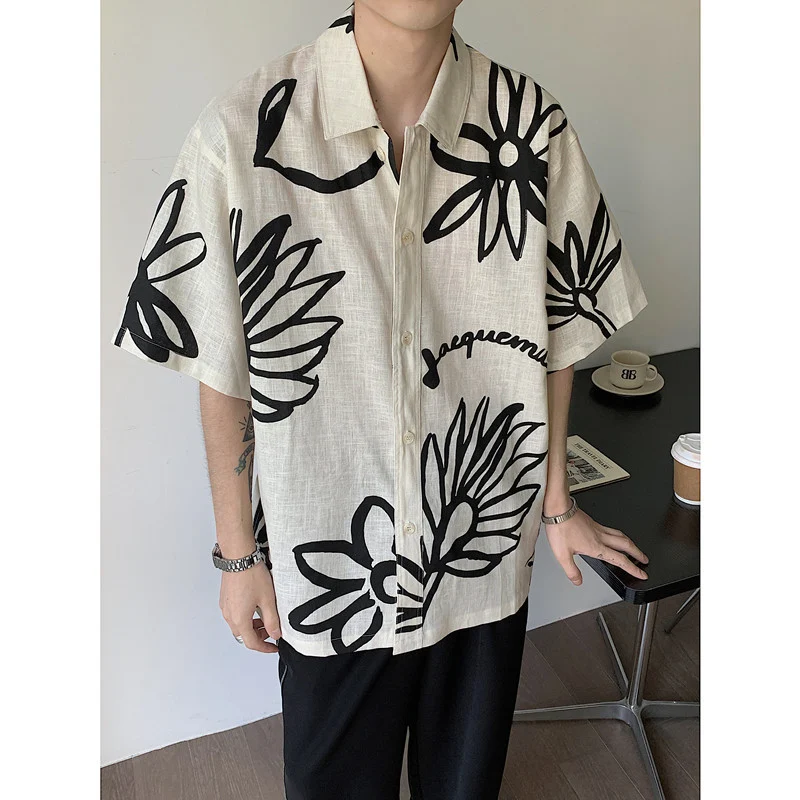 Camisa retrô folgada de algodão e linho, com mangas curtas respiráveis e estilo casual. Conforto e frescor garantidos para o dia a dia. — foto 2