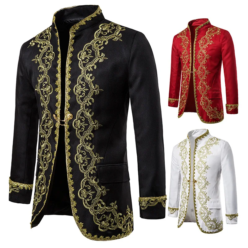 Roupa de palco masculina estilo europeu com detalhes em ouro, ideal para performances, oferecendo elegância e um visual impactante e sofisticado. — foto 4