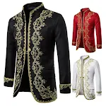 Roupa de palco masculina estilo europeu com detalhes em ouro, ideal para performances, oferecendo elegância e um visual impactante e sofisticado. — foto 4