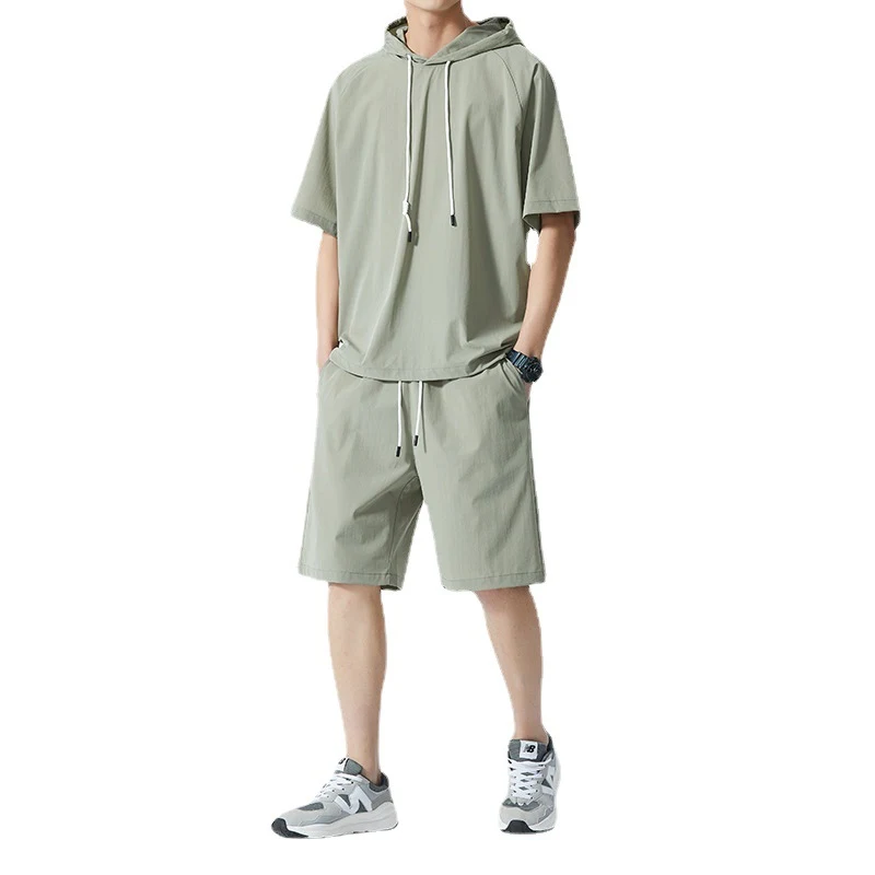 Men's Ice Silk Hooded High Street Short Sleeve T-shirt and Shorts Set, breathable and cool for summer. Stylish and comfo — photo 17