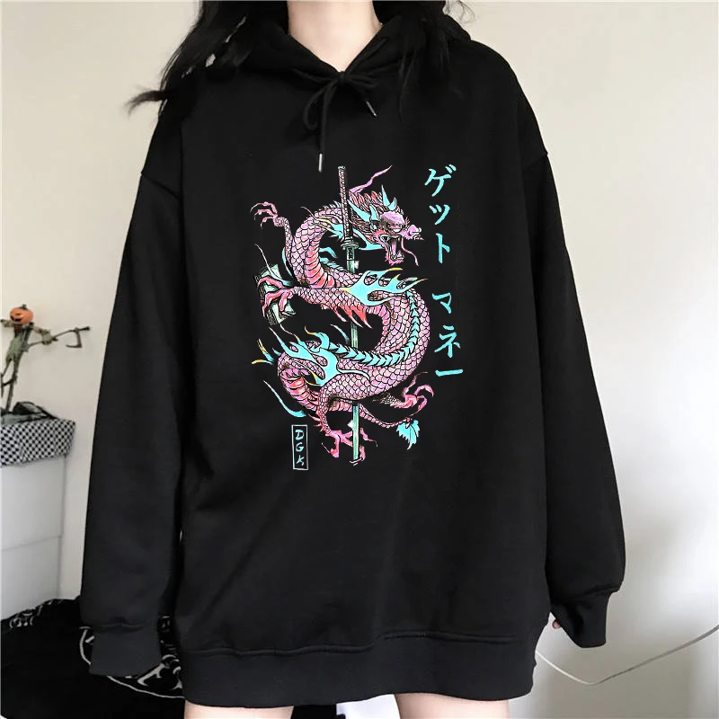 Maglia a maniche lunghe da donna Harajuku con motivo drago giapponese e lettere, moda. Stile streetwear alla moda, comodo e originale. — foto 5