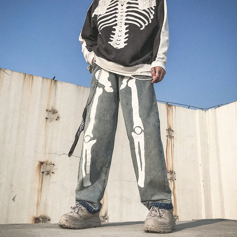 Bone Luminous Printing Loose Straight Wash Denim Trousers for everyday comfort and style. Perfect for a casual, modern l — photo 3