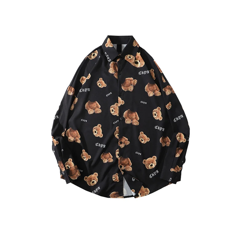 Bear Print Long-sleeved Shirt, Unisex, High Street Style, Drop Shoulder Design, Comfortable and Trendy for Men and Women — photo 5