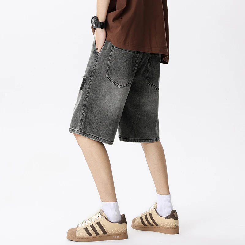 Shorts masculinos de jeans lavado e rasgado estilo americano, perfeitos para um visual moderno e despojado no verão. — foto 5