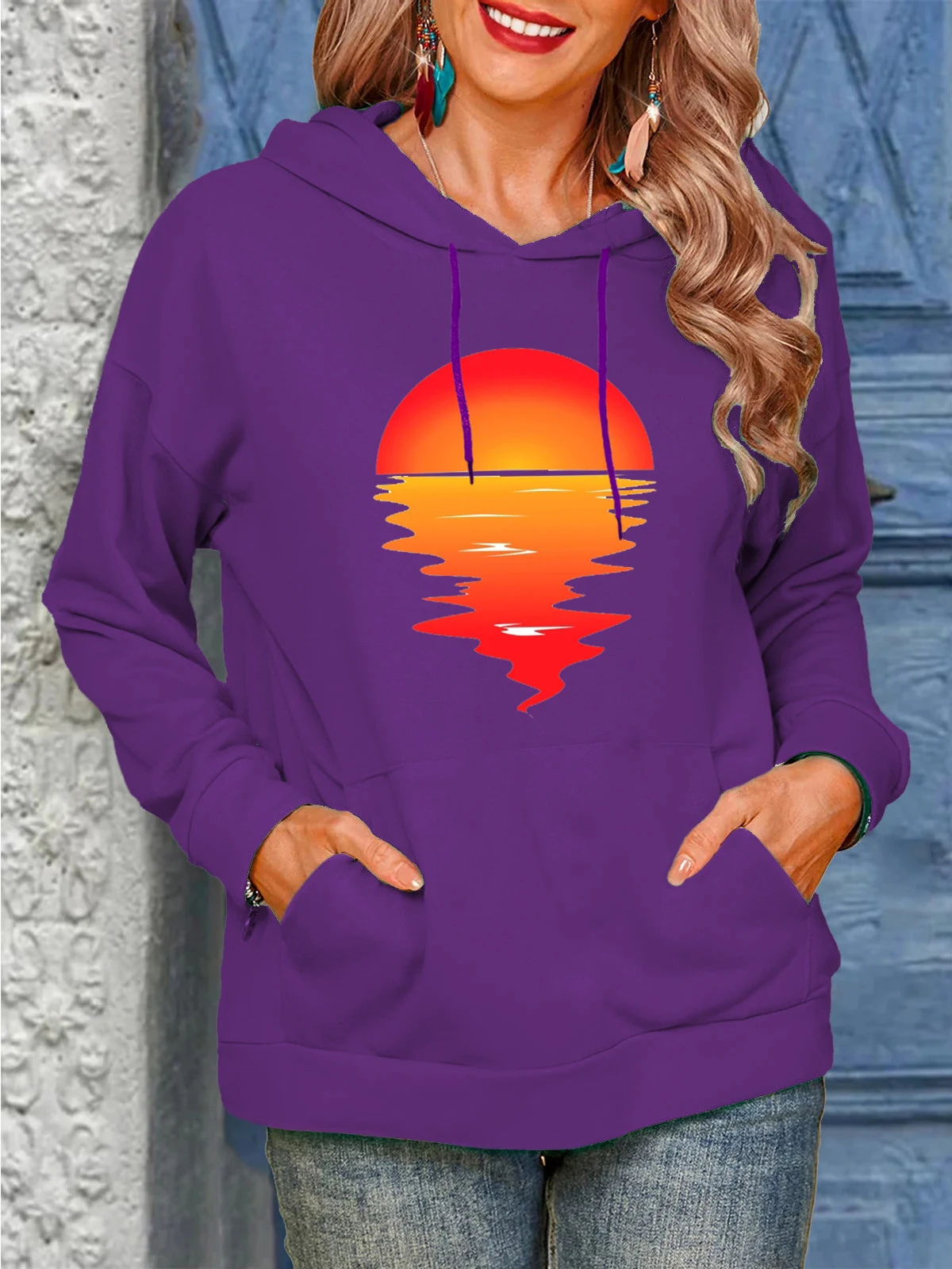 Sun Pattern Printing Hoodie com cordão suéteres roupas femininas — foto 2