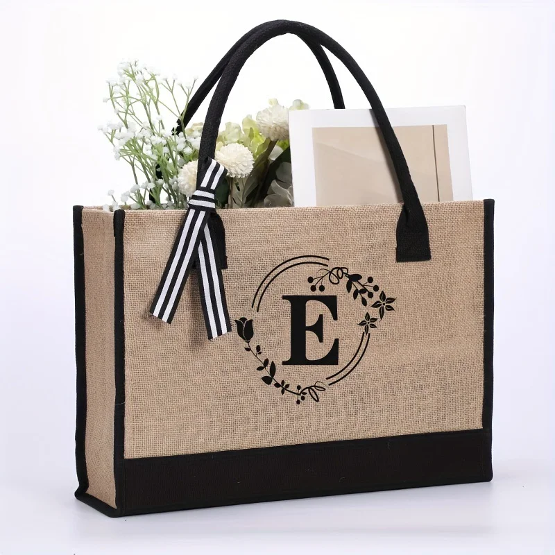 Large Capacity Portable Printing Initial Letter Jute Linen Shopping Bag perfect for groceries, shopping, and everyday ca — photo 31