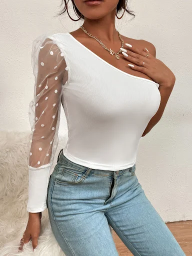 Title 8, Womens Mesh Perspective Polka Dot Half Sleeves...