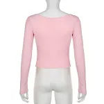Strikkleur Contrast Patchwork Basis T-shirt Opengewerkte gebreide top — foto 13