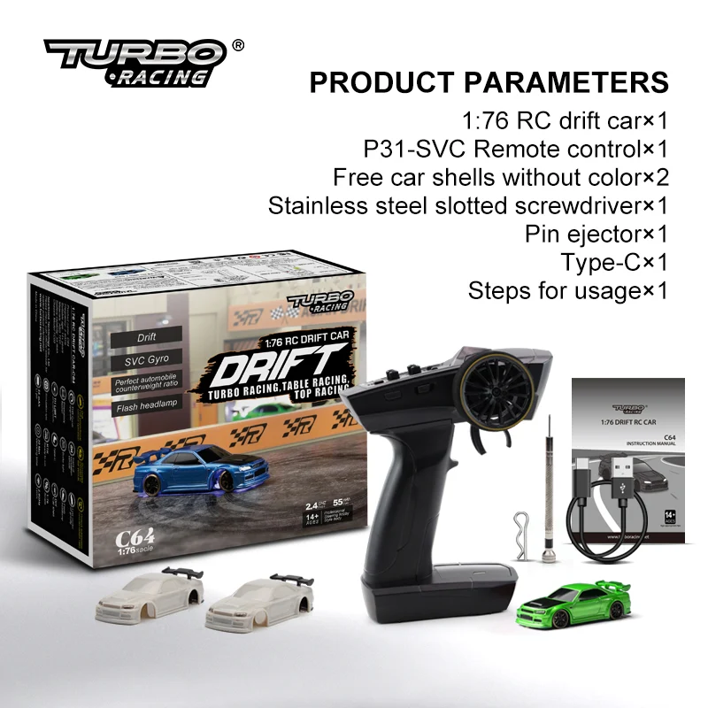 Turbo Racing C64 Drift RC Car 176 com Giroscópio Rádio Controle Proporcional Kit RTR para Crianças e Adultos. Drifting! — foto 11