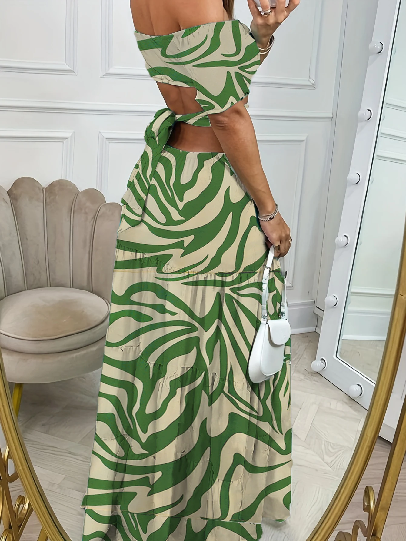 Title 3, Printed One-line Collar Short-sleeved Long Dres...