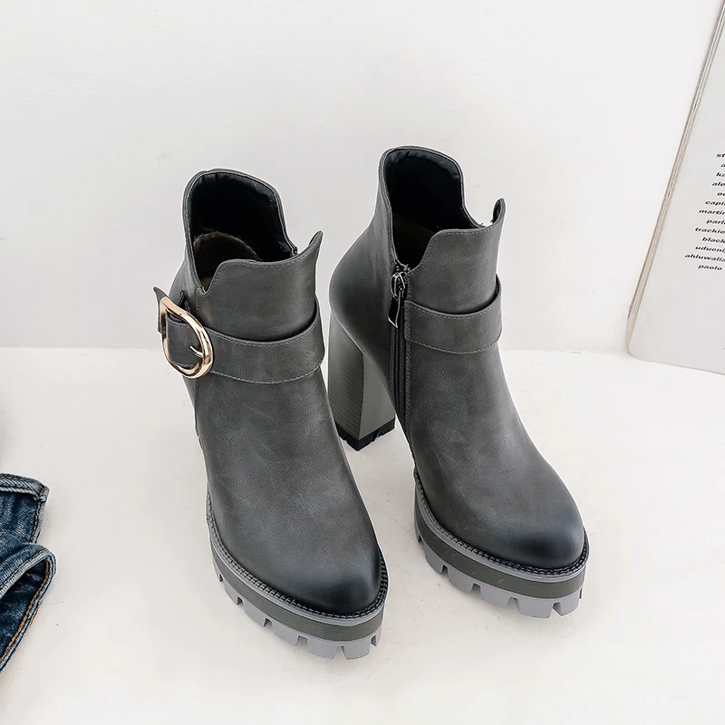 Women's waterproof short tube platform high heel ankle boots with buckle. Stay stylish and dry with these versatile boot — photo 4