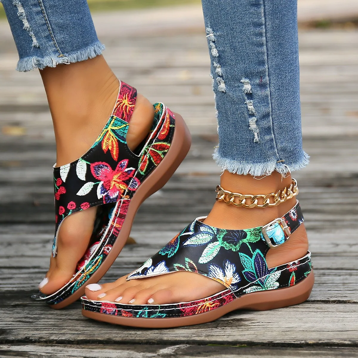 Herringbone Sandals Ethnic Style Embroidered Flower Back Buckle Wedge Comfortable and stylish footwear perfect for warm — photo 14