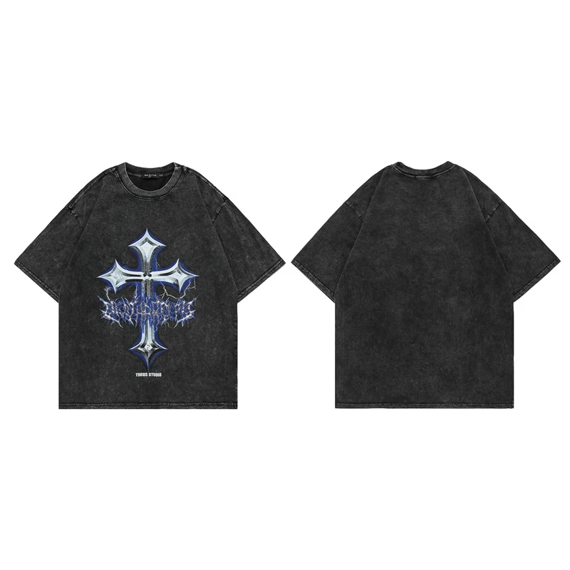 High Street Short Sleeve Washed Distressed Cross Hip Hop T-Shirt. Comfortable and stylish tee for a cool, urban look. Pe — photo 3