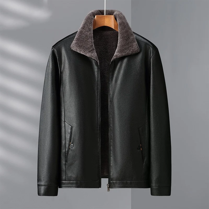Men's Fleece Lined Leather Clothing with Stand Collar Experience warmth and sophistication with this stylish winter esse — photo 4