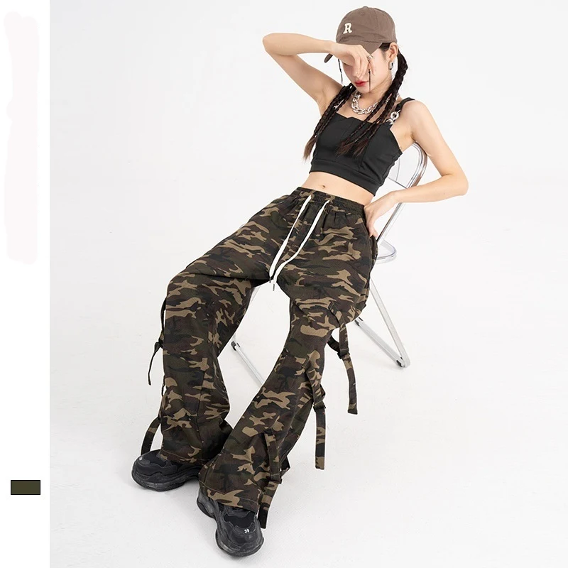 Pantalones cargo camuflaje retro americano con cintura elástica y cordón, estilo urbano para parejas, cinta y corte recto. — foto 3