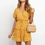 Vestido de verão floral com decote em V, cintura alta, manga curta, laço e babados de chiffon. Leve, elegante e perfeito para o calor. — foto 9