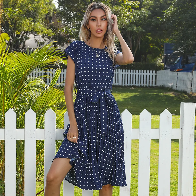 Summer Women's Polka Dot Midi Dress Short Sleeve Elegant Green Office Party Casual with Pleated Details and Bandage. Per — photo 6