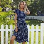 Summer Women's Polka Dot Midi Dress Short Sleeve Elegant Green Office Party Casual with Pleated Details and Bandage. Per — photo 6