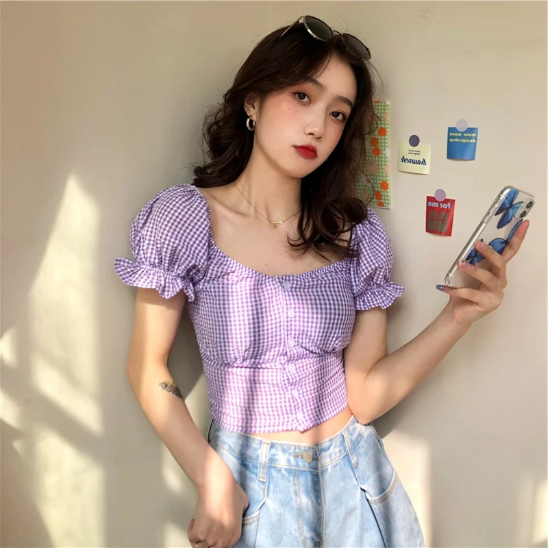 Purple plaid short sleeve puff sleeve square collar top for a chic and comfortable look, perfect for warm weather. — photo 4
