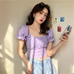 Purple plaid short sleeve puff sleeve square collar top for a chic and comfortable look, perfect for warm weather. — photo 4
