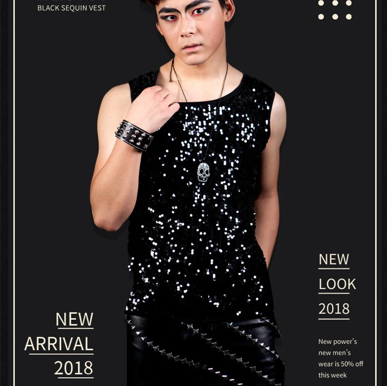 Nightclub male singer rock DS slim fit performance sequin tank top. Designed for stage presence, comfortable, and eye-ca — photo 1