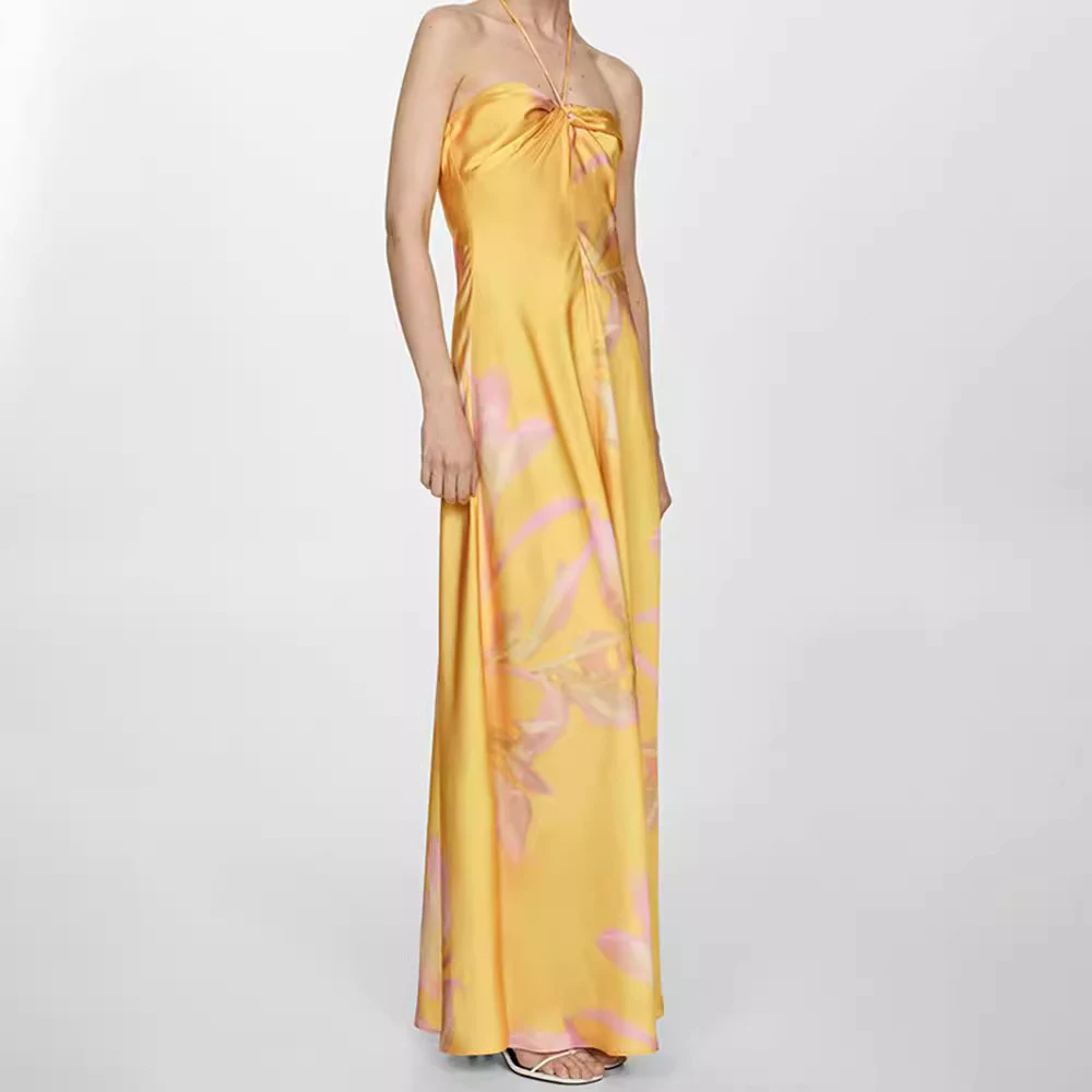 Yellow Print Satin Dress Sleeveless Halter for effortless elegance. Perfect for summer evenings or special occasions, co — photo 9