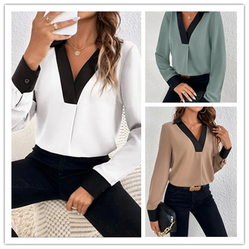 Title 5, Womens V-collar Contrast Color Casual Shirt