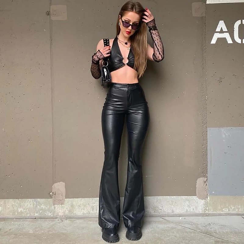 Women's PU Leather High Waist Stretch Fashion Bootleg Pants. Stylish and comfortable, these pants offer a flattering fit — photo 5