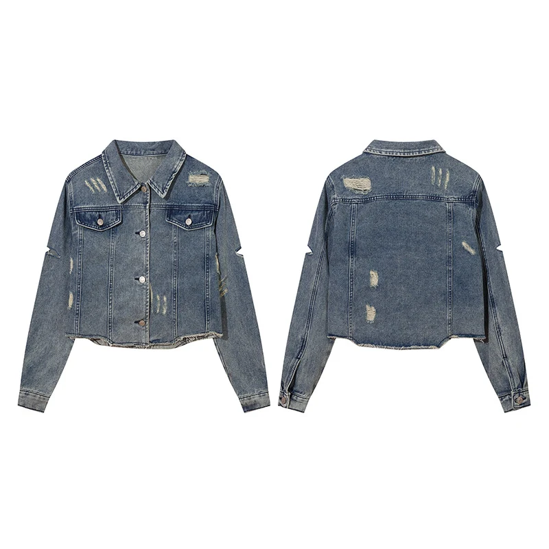 Jaqueta jeans rasgada retro American Street, perfeita para um visual despojado e estiloso. Denim resistente e autêntico, ideal para diversas ocasiões. — foto 6