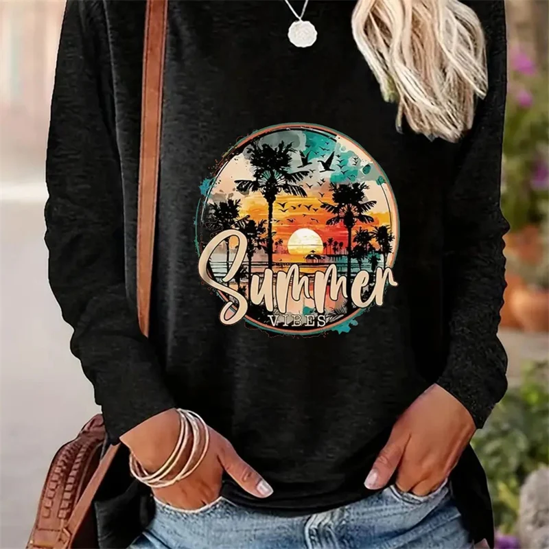 Women's Spring and Autumn Casual Simple Pattern Printed Round Neck Long Sleeve T-shirt for everyday wear, comfortable an — photo 3