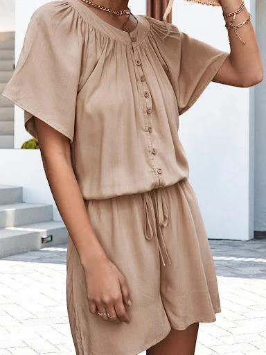 Title 12, Solid Color Pleated Lace-up Button Jumpsuit