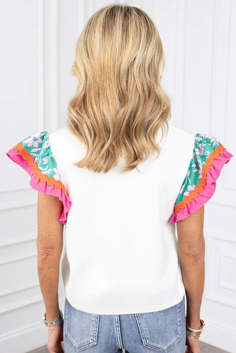 Summer New Floral Print Short-sleeved T-shirt For Women Fashion Color Contrast Round Neck Pullover Top For Women — photo 7