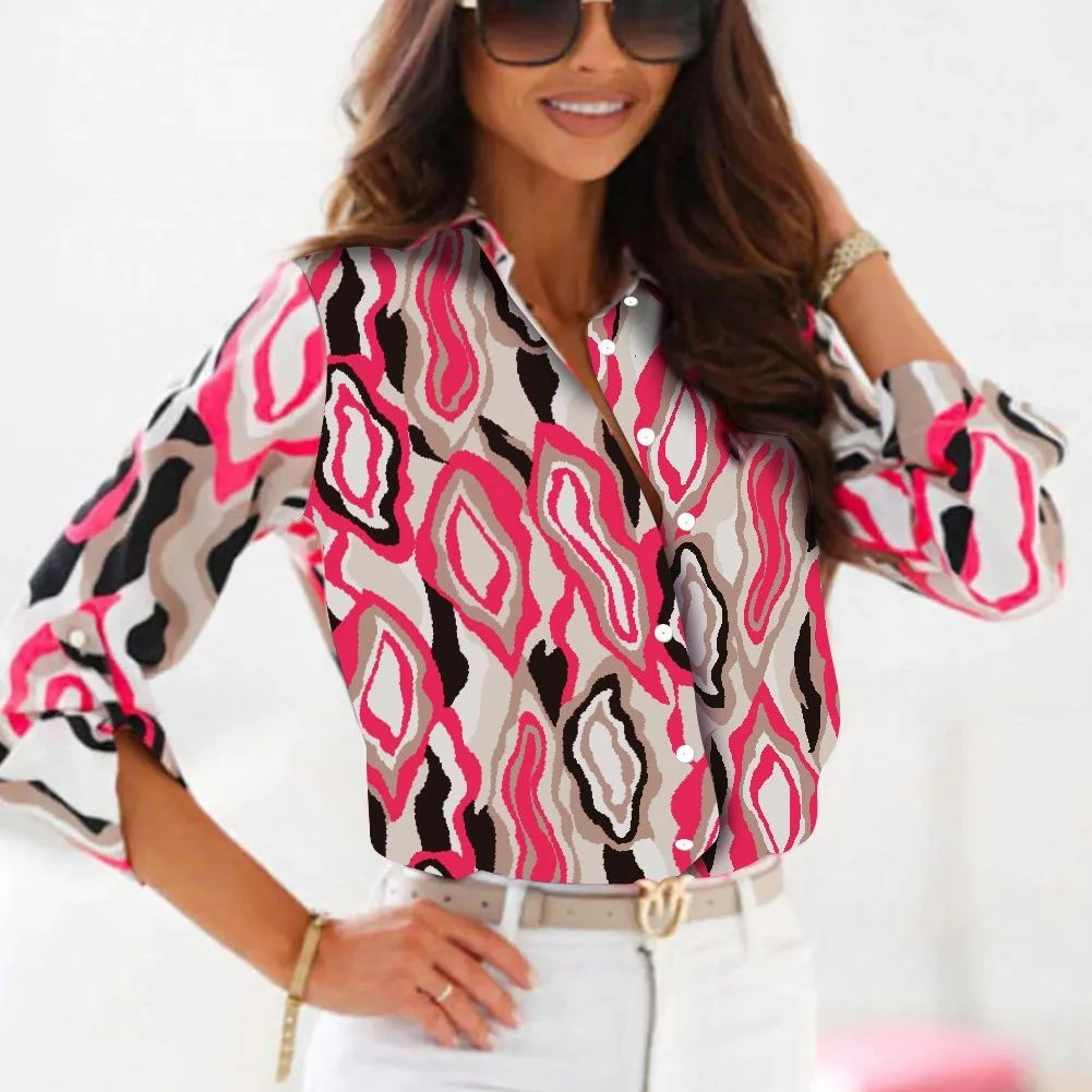 Rose Abstract Printing Curling Sleeve Chest Pocket Shirt. Stylish and comfortable shirt featuring a rose print, curling — photo 8