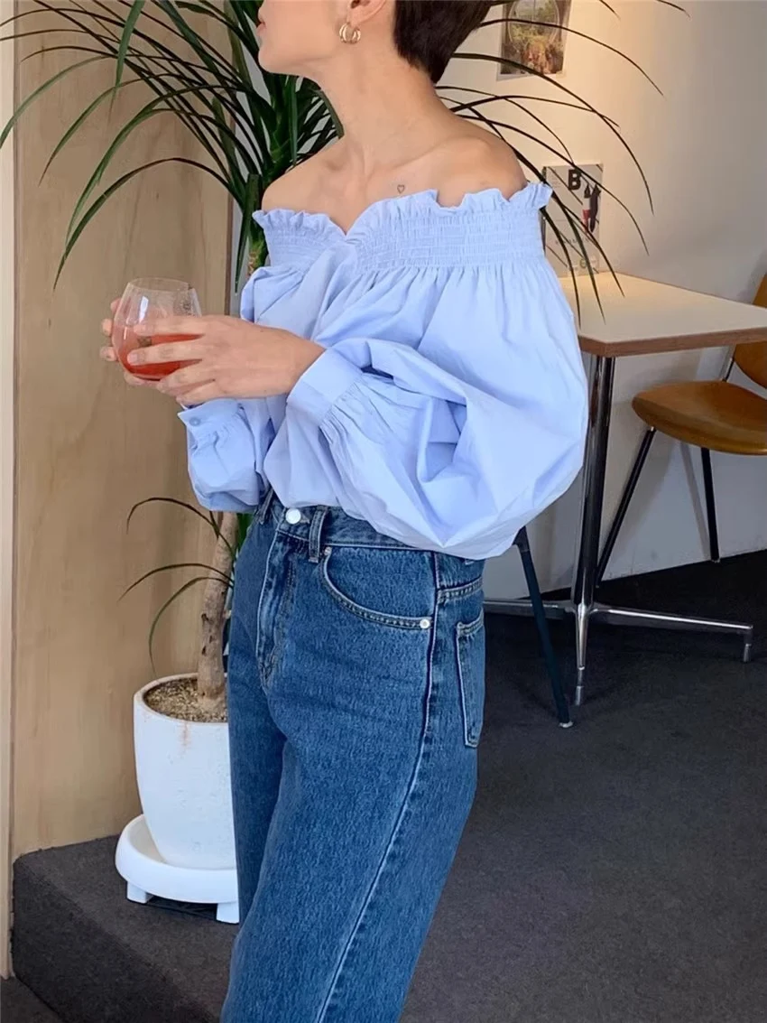Title 8, French Milk Blue and White Off-shoulder Reverse...