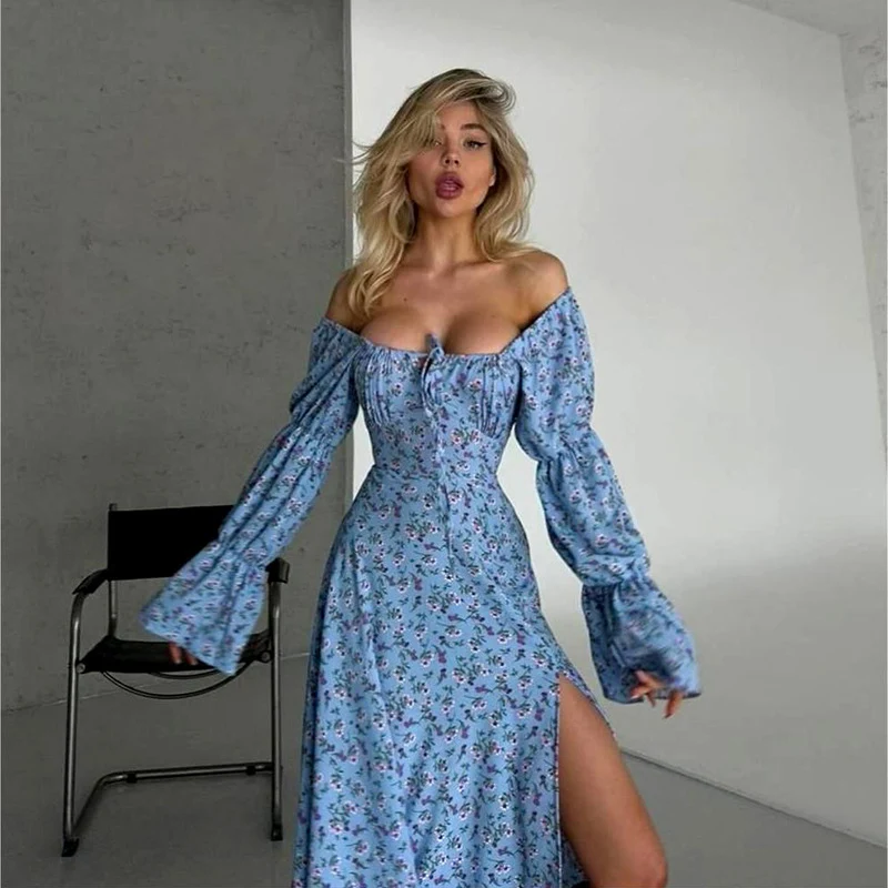 European and American style temperament sexy floral print long sleeve split dress, perfect for a night out or special oc — photo 3