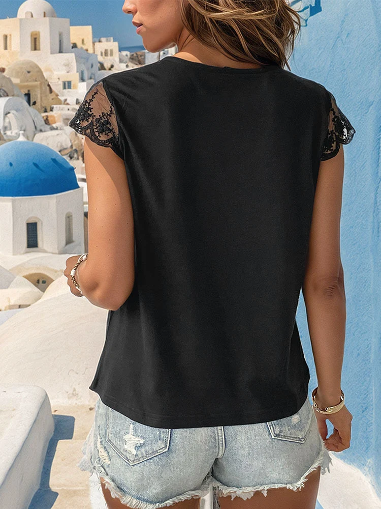 Title 5, Casual Temperament Lace Stitching T-shirt Women...