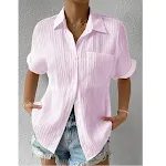 Women's Pure Color Comfort Casual Polo Collar Pocket Short Sleeve Shirt — photo 9